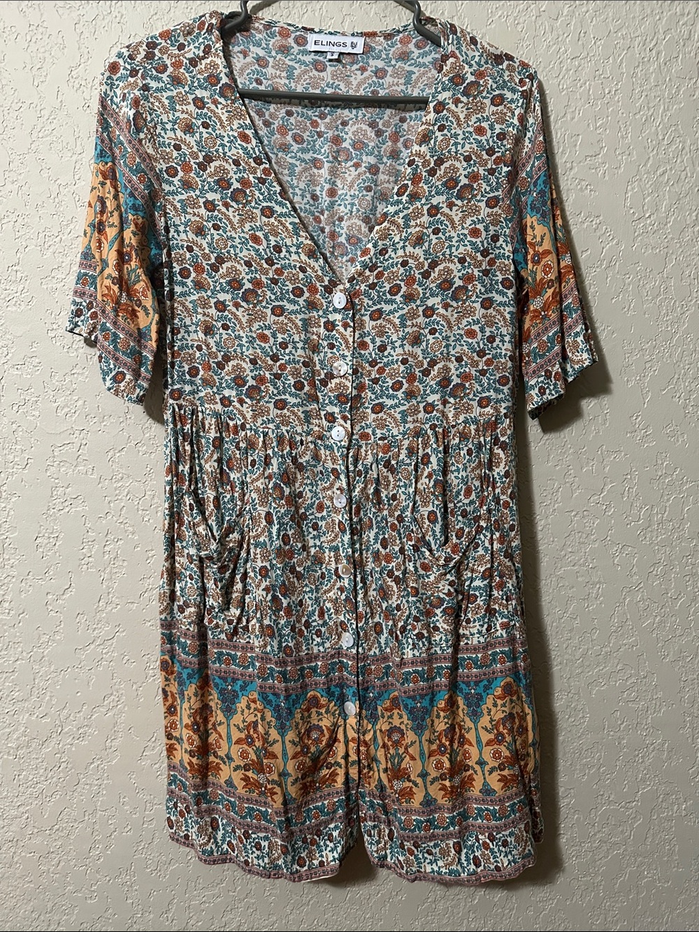 Elings Floral Button Dress in Teal & Mustard